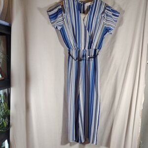 NWT Beautees Girls Blue & White Striped Wide Pants Cold Shlr. Jumpsuit - Size 12